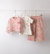 completo bambina con felpa, t-shirt e pantaloni a palazzo