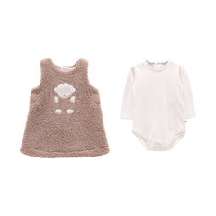completo bambina vestito in teddy e body panna